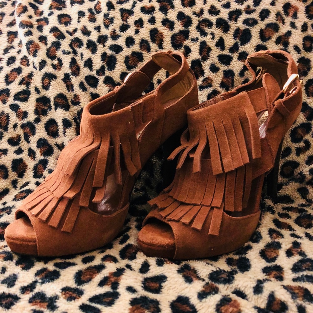 Brown peep toe heels with tassels